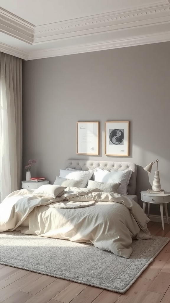 A serene bedroom with grey walls and white bedding, complemented by light wood flooring and simple decor.