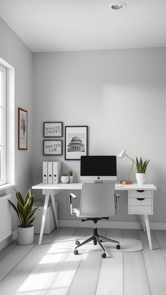 A serene home office with a monochromatic palette featuring a white desk, gray walls, and plants.