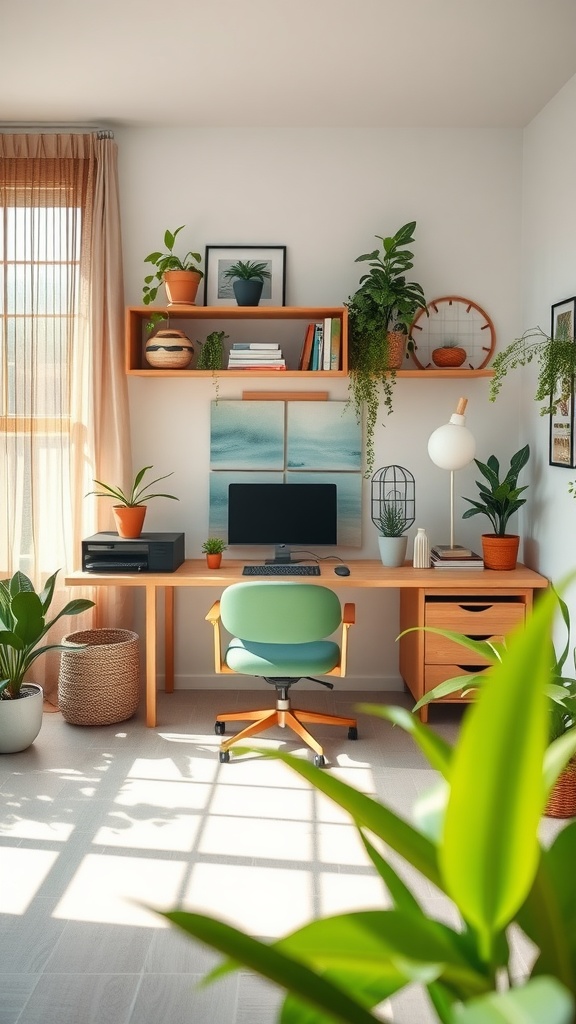 A serene home office with a desk, computer, plants, and a cozy atmosphere