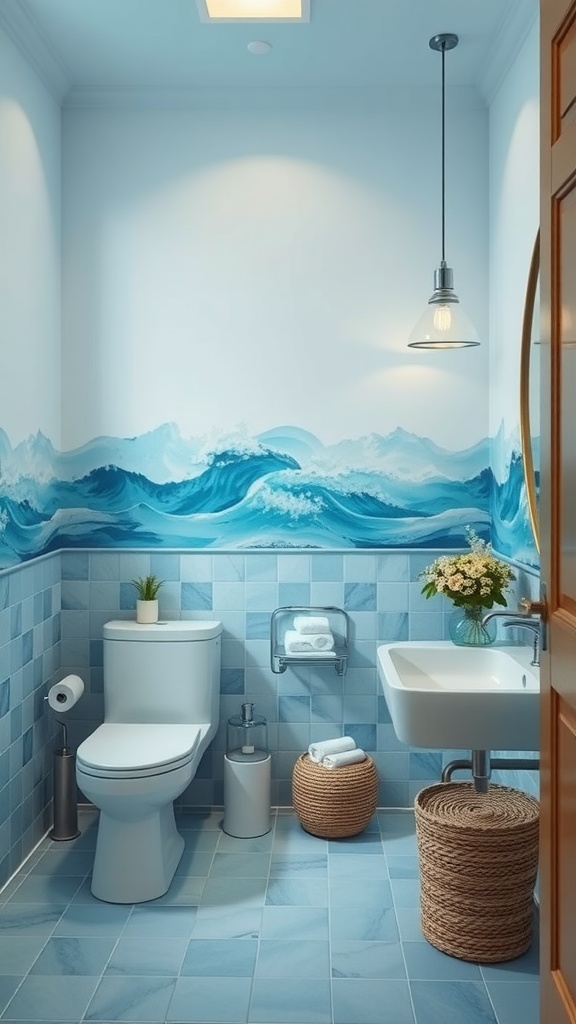 A serene bathroom with ocean blue tiles and a wave mural.