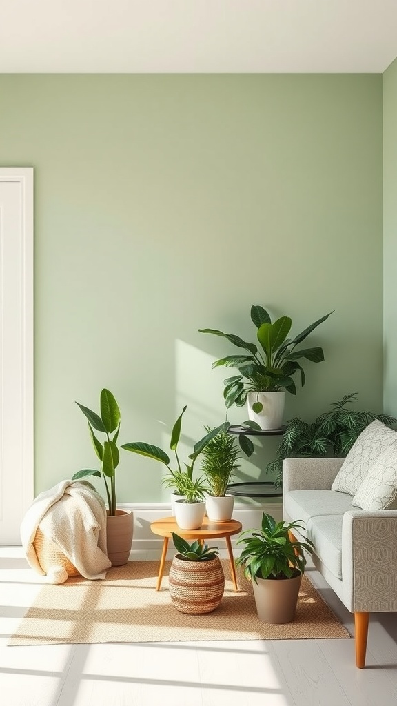 Cozy room with sage green walls, a light sofa, and potted plants