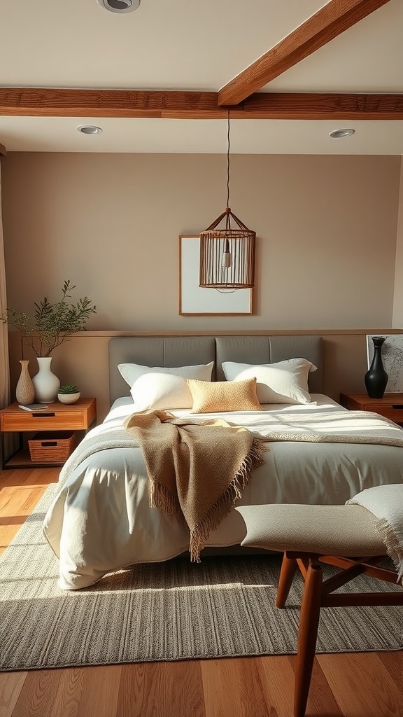 A cozy master bedroom with earthy tones, warm wood accents, and calming textures