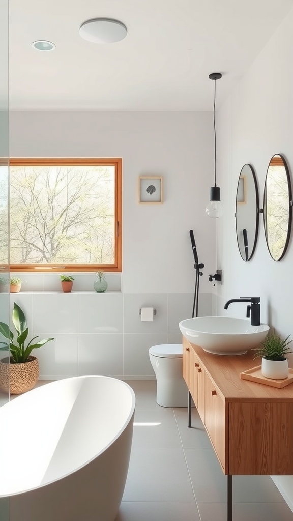 A modern Scandinavian bathroom with a freestanding tub, wooden vanity, and natural light from a large window.