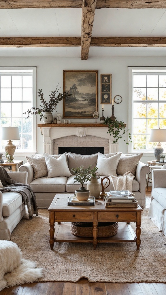 Cozy farmhouse living room with symmetrical sofas, a central coffee table, and rustic decor.