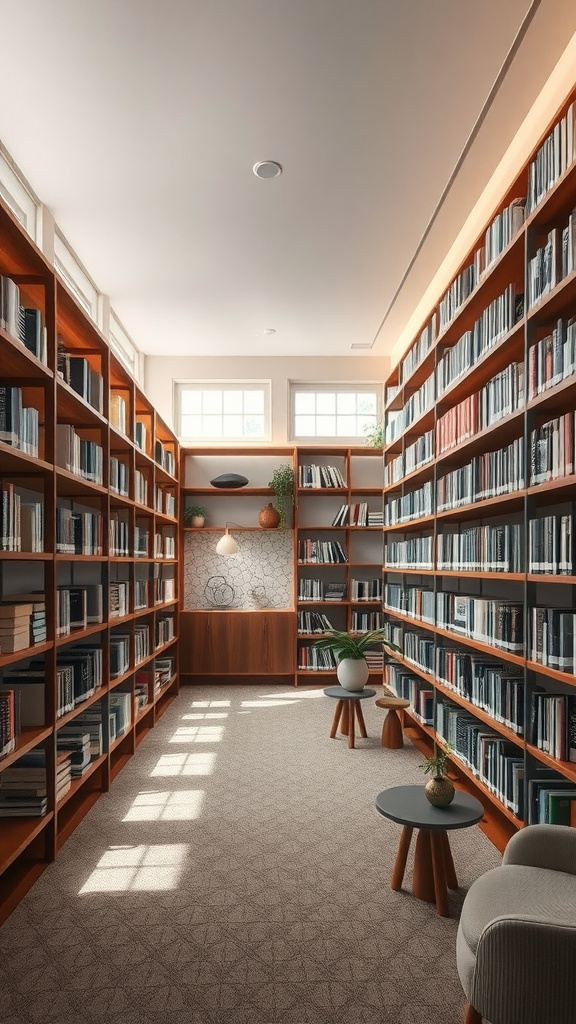 A serene Zen-inspired home library with wooden bookshelves, natural light, and cozy seating.