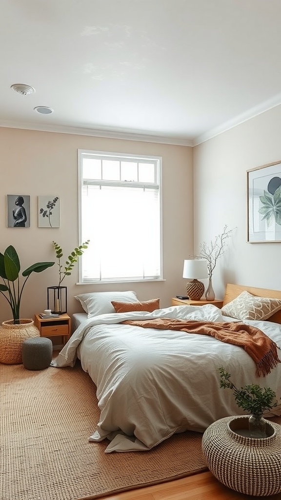 A serene bedroom featuring soft neutral colors, plants, and cozy textures.