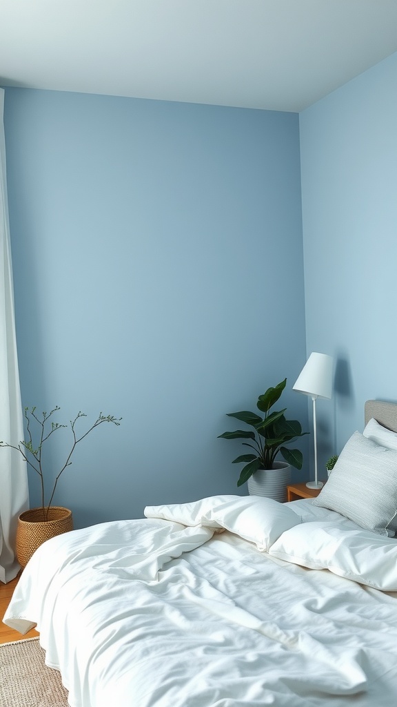 A serene bedroom with walls painted in soft Serenity Blue, featuring a white bedspread and indoor plants.