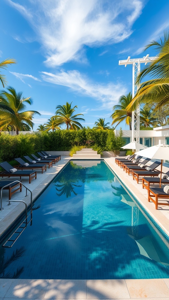 A rectangular swimming pool surrounded by palm trees and lounge chairs under a clear blue sky.