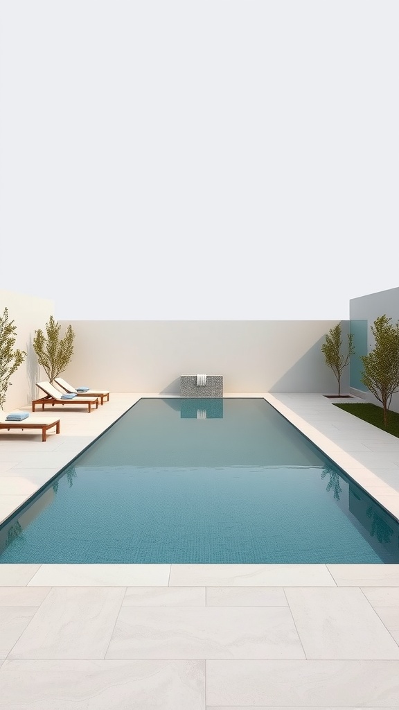 A minimalist rectangular swimming pool surrounded by light tiles and greenery.