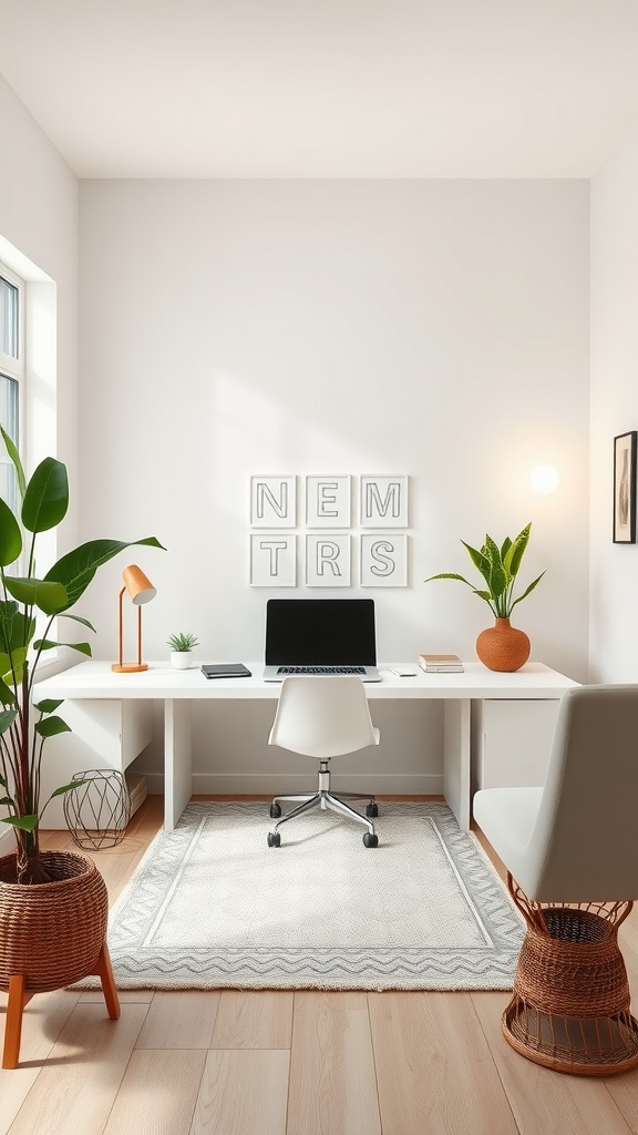 A minimalist feminine home office featuring a white desk, a stylish chair, and plants, creating a serene atmosphere.