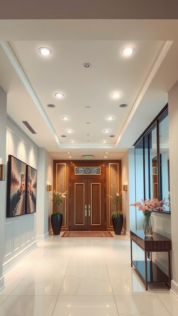 A modern entrance hall featuring recessed ceiling lights, wooden doors, and decorative plants.