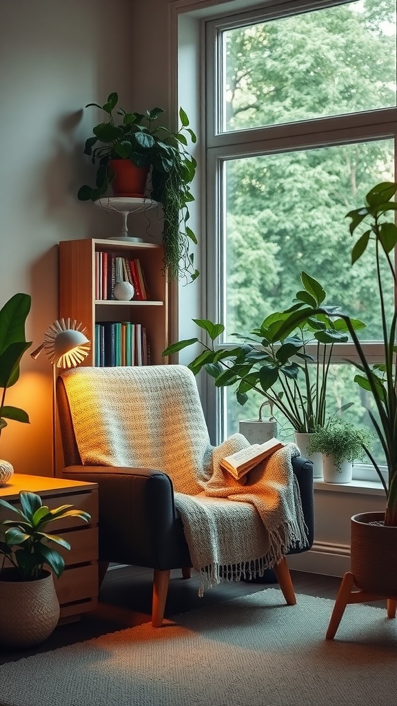 A cozy reading nook featuring a comfortable chair with a blanket, surrounded by plants and a warm light, next to a window.