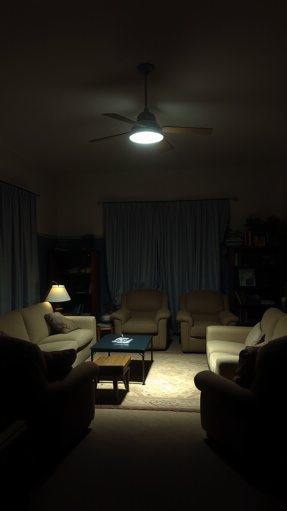 A dimly lit living room with a bright overhead light, creating stark contrasts in the space.