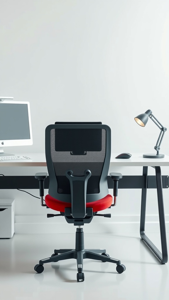 A modern ergonomic desk setup featuring a chair and a desk lamp.