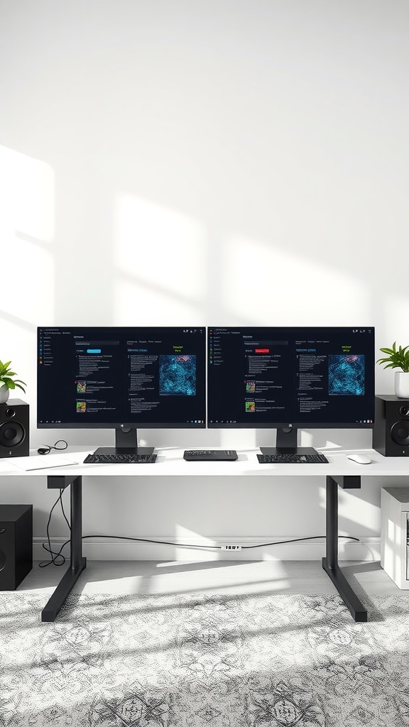 A modern home office setup featuring two monitors on a sleek desk with speakers and a plant.