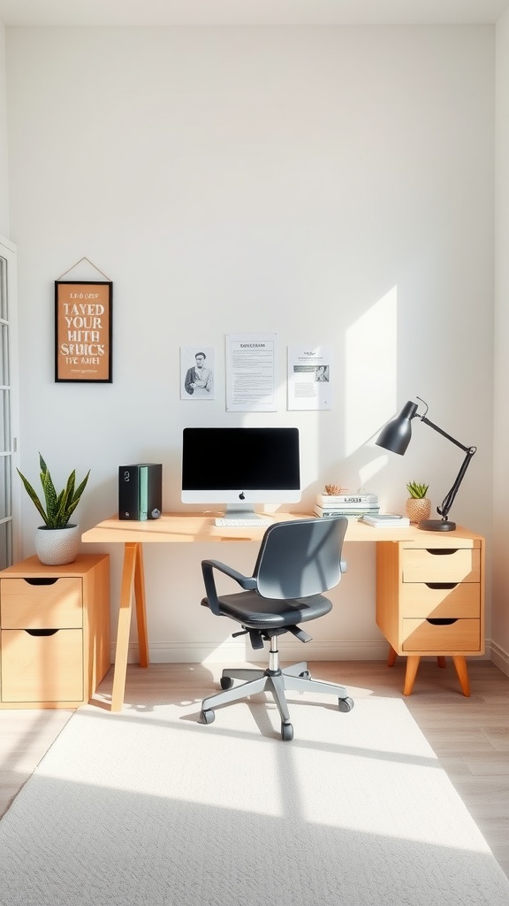 A bright and organized home office with a modern desk, ergonomic chair, and decorative plants.
