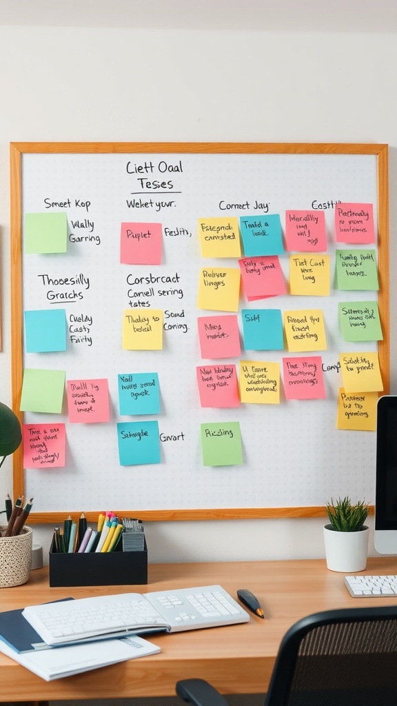 A task board filled with colorful sticky notes in a home office setting.