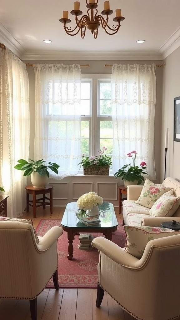 A cozy living room with light curtains, floral-patterned furniture, and a glass coffee table with fresh flowers.