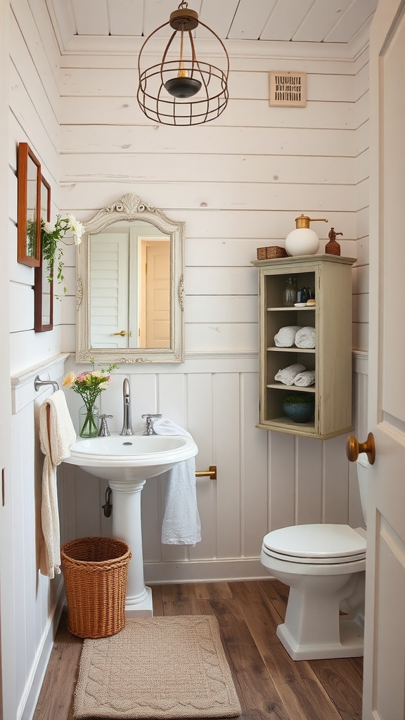 A cozy shabby chic bathroom with white shiplap walls, a vintage mirror, and rustic decor.