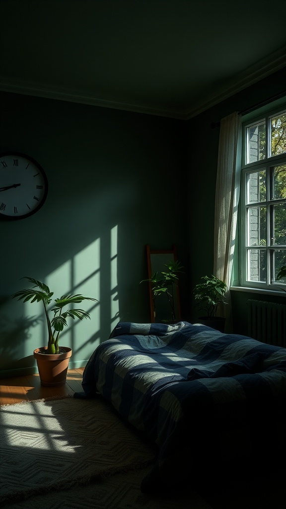 A dark and moody bedroom featuring shadowy green walls, a cozy bed with a patterned blanket, and natural light filtering through a window.