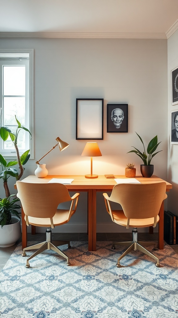 A shared desk setup in a stylish bedroom featuring two chairs, plants, and warm lighting.