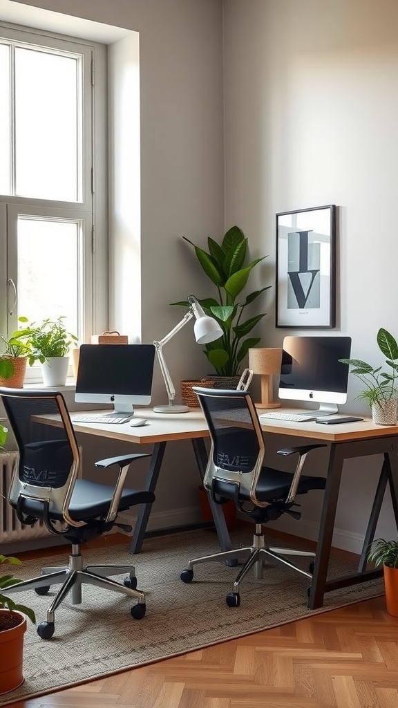 A shared home office featuring two modern desks, stylish chairs, and potted plants, bathed in natural light.