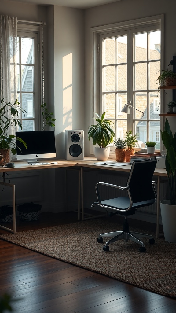A bright and inviting shared home office with a wooden desk, computer, plants, and a cozy office chair.