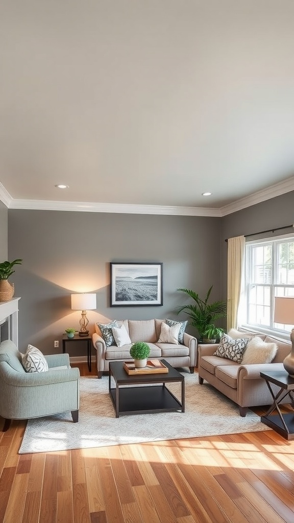 Living room featuring Sherwin-Williams Agreeable Gray SW 7029 on the walls, with light furniture and wooden flooring.