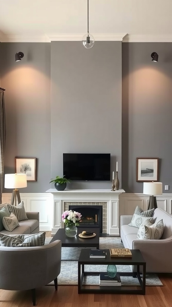 Living room with walls painted in Sherwin-Williams Colonnade Gray SW 7641, featuring stylish furniture and decor.