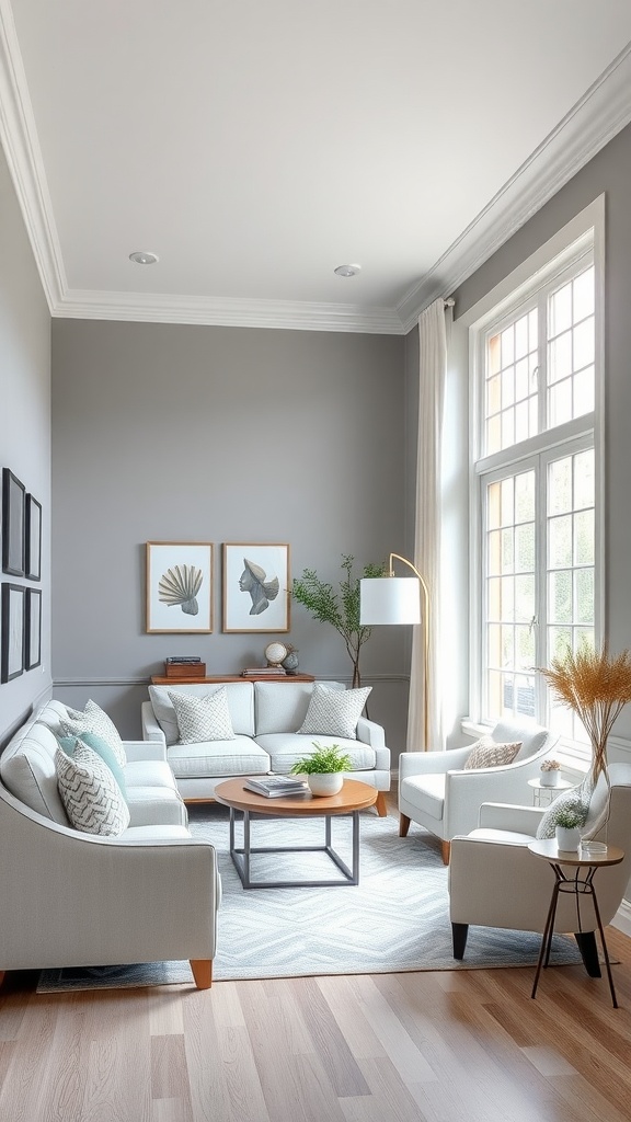 A stylish living room with walls painted in Sherwin-Williams Magnetic Gray, featuring light furniture and large windows.