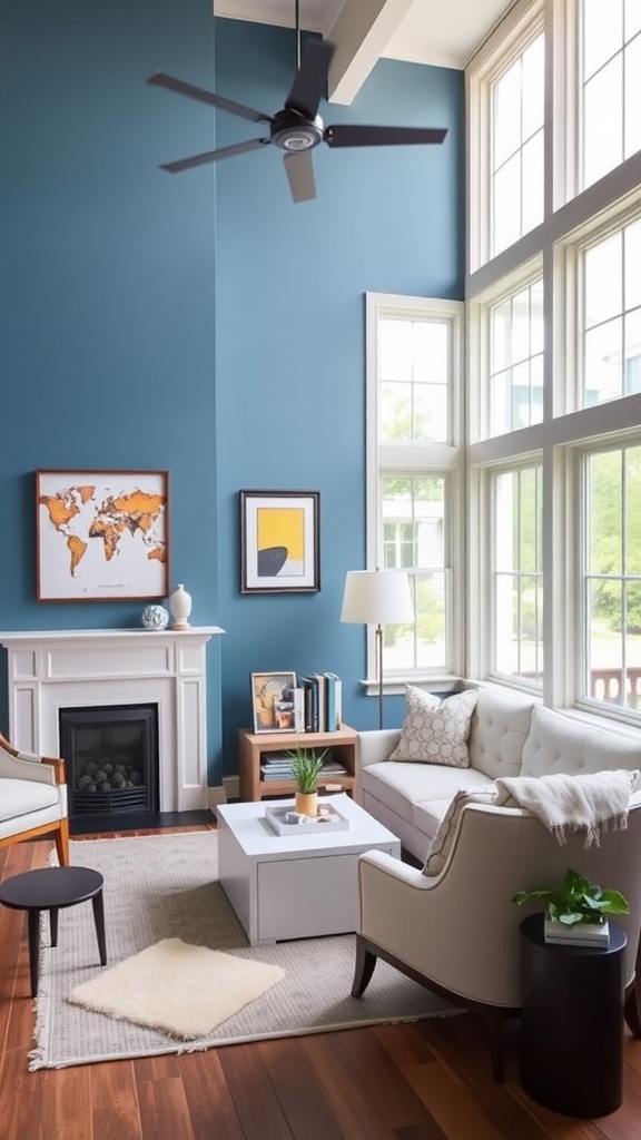 Cozy living room painted in Sherwin-Williams' Meander Blue with natural light and plants.