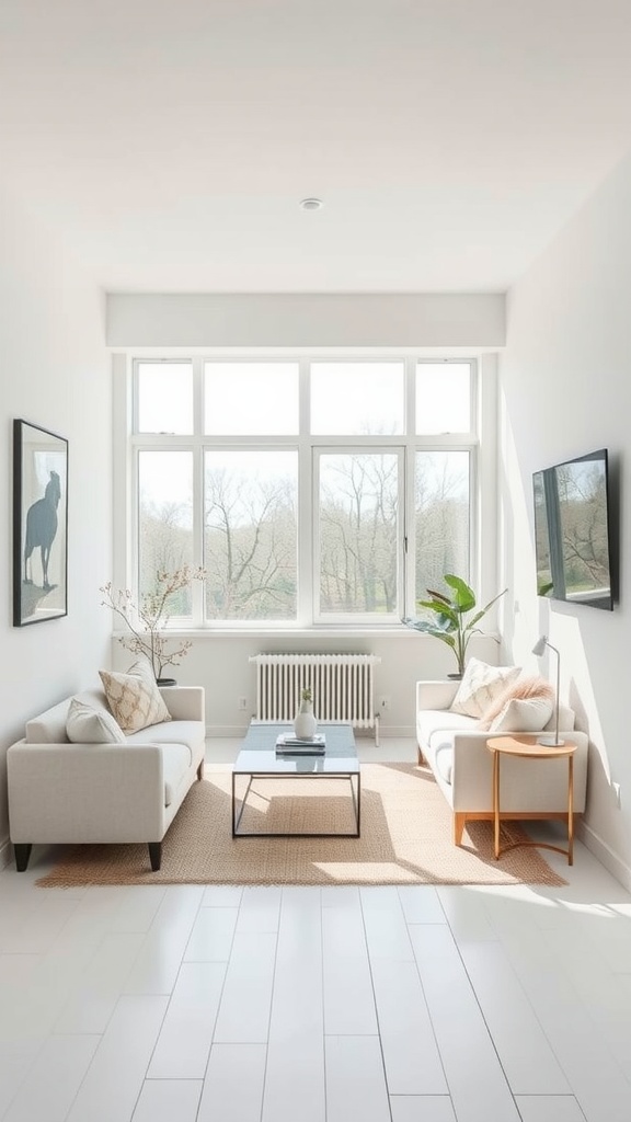 Bright and airy living room featuring Sherwin-Williams' Spare White walls, large windows, and minimalist furniture.