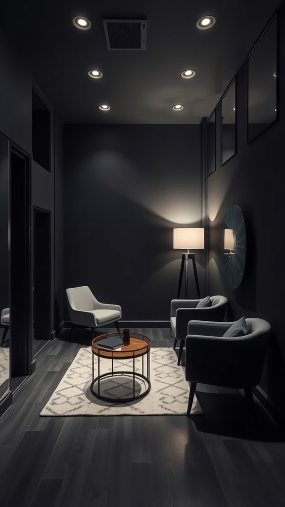 A small room painted in Sherwin-Williams Tricorn Black with modern furniture and warm lighting.