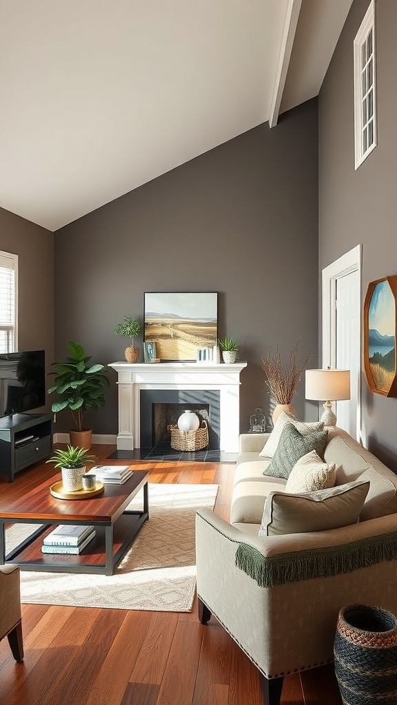 Living room painted in Sherwin-Williams Worldly Gray SW 7043, featuring a cozy layout with a fireplace and warm wood accents.