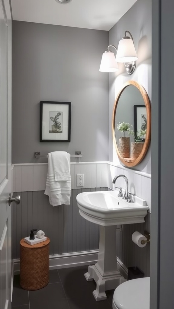 A stylish powder room painted in Sherwin Williams Agreeable Gray with white wainscoting, a round mirror, and modern fixtures.