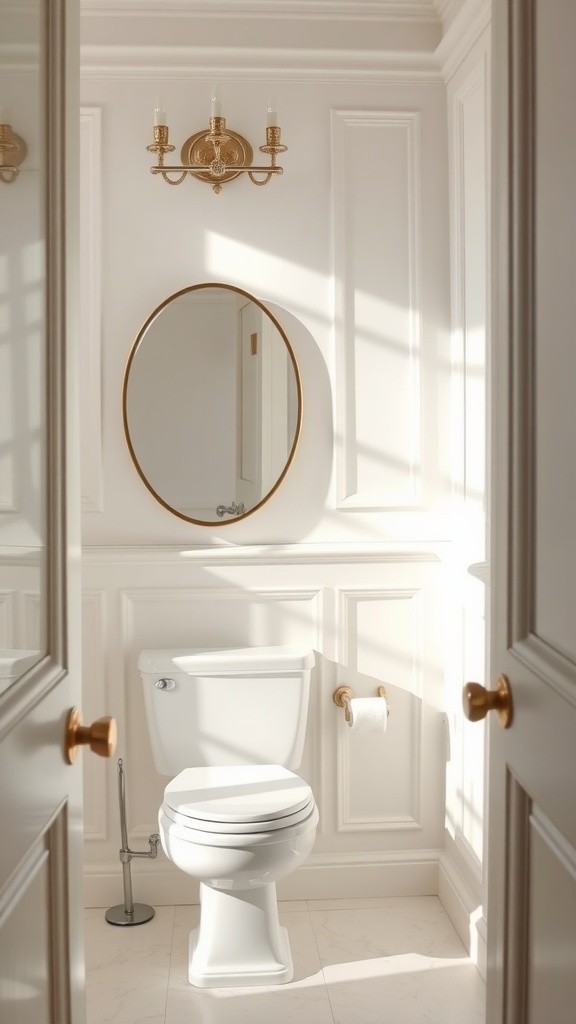 Elegant powder room with Sherwin Williams Alabaster paint on walls, featuring a round mirror and golden fixtures.