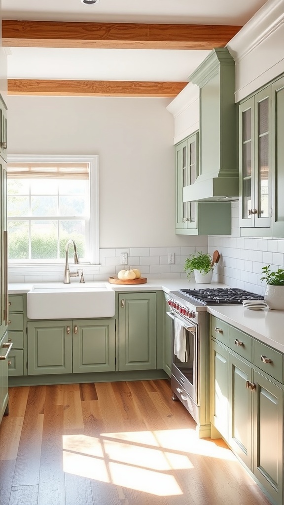 A kitchen featuring Sherwin Williams Clary Sage cabinets with natural wood accents.