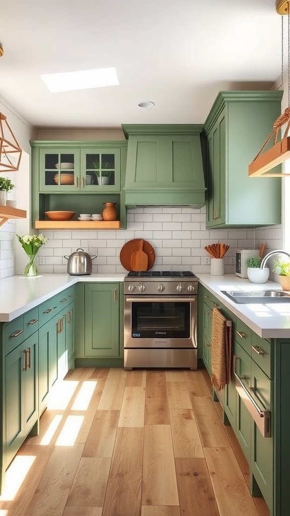 A modern kitchen featuring Sherwin Williams Evergreen Fog cabinets, white countertops, and natural wood accents.