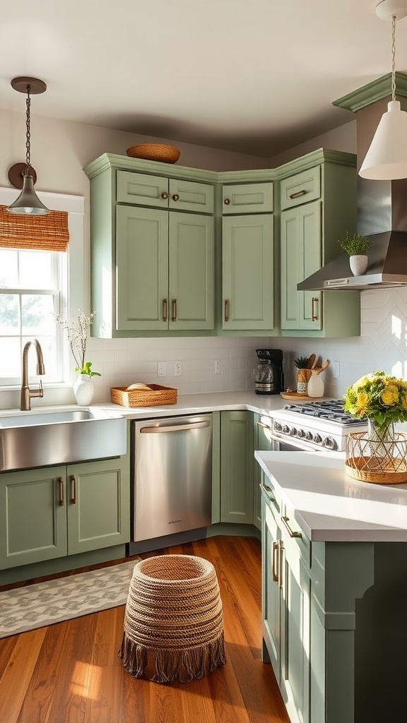 A kitchen with sage green cabinets, featuring Sherwin Williams Green Onyx, light countertops, and wooden accents.