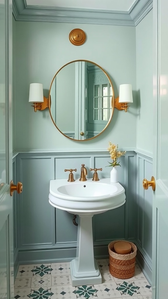 A stylish powder room featuring Sherwin Williams Misty paint, a white sink, gold accents, and patterned flooring.