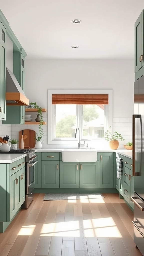 A modern kitchen featuring sage green cabinets painted in Sherwin Williams Retreat, bright natural light, wooden accents, and plants.