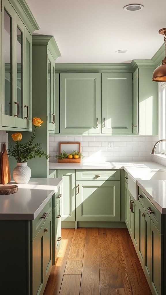 A kitchen featuring sage green cabinets, white countertops, and wooden floors, filled with natural light.