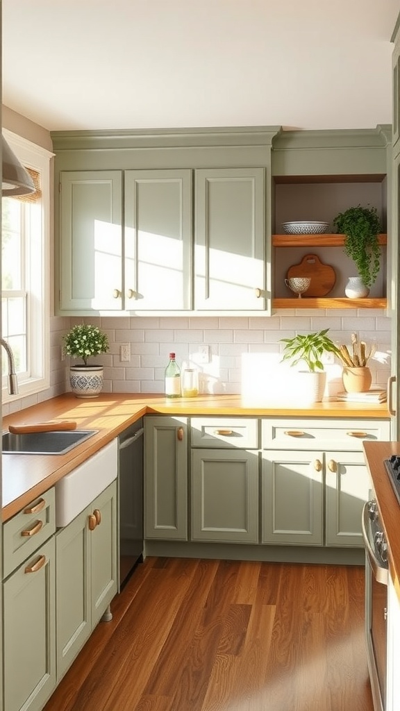 A kitchen featuring Sherwin Williams Svelte Sage cabinets with warm wood countertops and natural lighting.