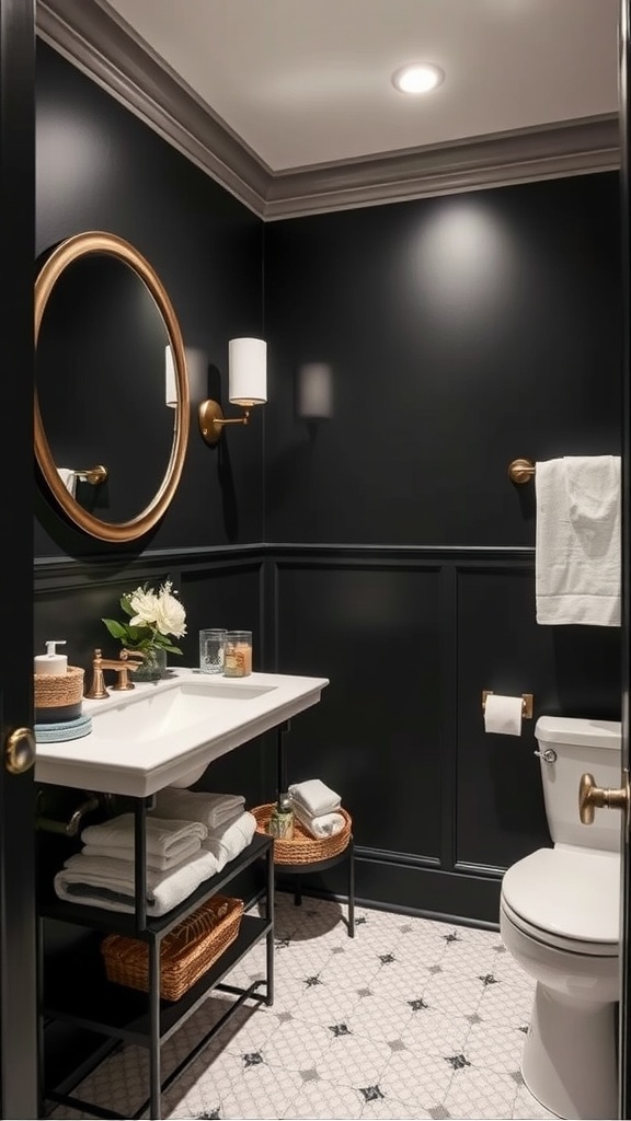 A stylish powder room featuring Sherwin Williams Tricorn Black on the walls, with gold fixtures and a white vanity.