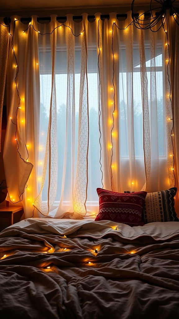 A cozy bedroom with shimmering lace curtains adorned with fairy lights, creating a warm and inviting atmosphere.