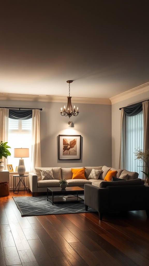 Cozy living room with chandelier and warm lighting