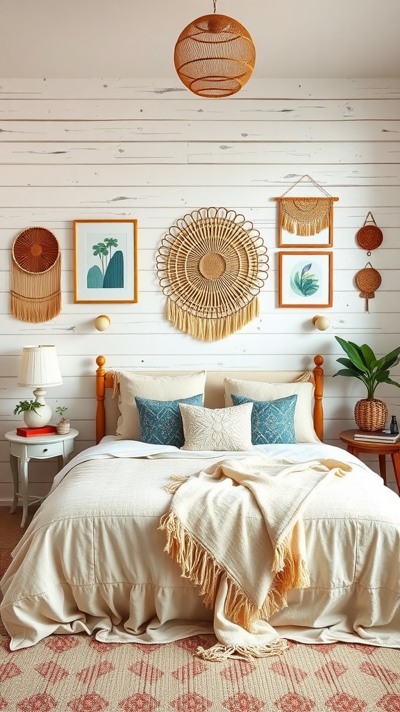 A cozy bedroom featuring white shiplap walls, earthy-toned decor, plants, and a stylish Boho aesthetic.