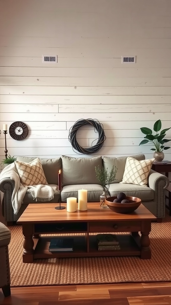 A cozy rustic farmhouse living room featuring a shiplap wall, a comfortable sofa with throw pillows, a wooden coffee table with candles and decorative items, and a plant.