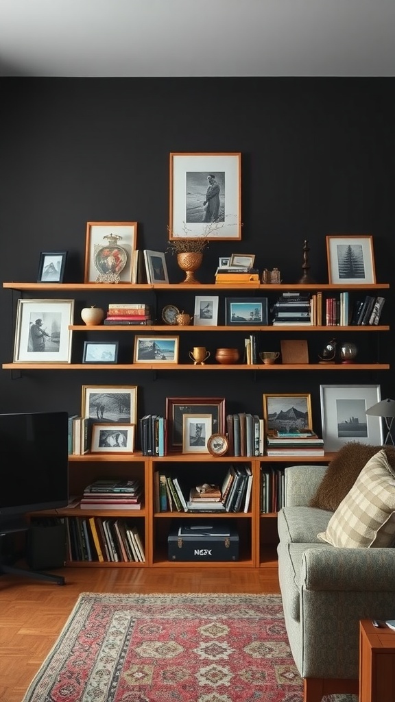 Living room featuring a dark wall, wooden shelves with framed photos and books, a comfortable armchair, and a colorful area rug