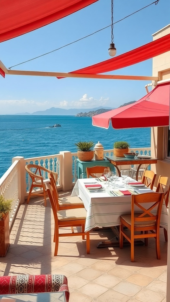 Outdoor dining area with wooden furniture and red canopies overlooking the seaside in Sicily.